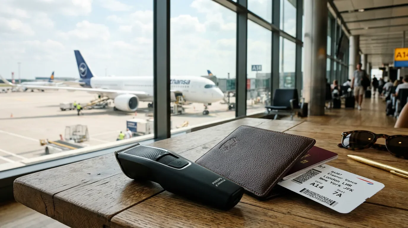Tondeuse à barbe de luxe, passeport et billet d'avion sur une table à l'aéroport.