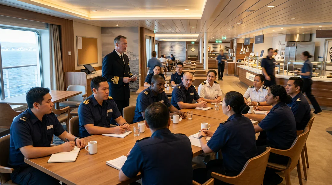 La vie quotidienne des employés en croisière Réunion d'équipage dans un réfectoire moderne sur un paquebot.