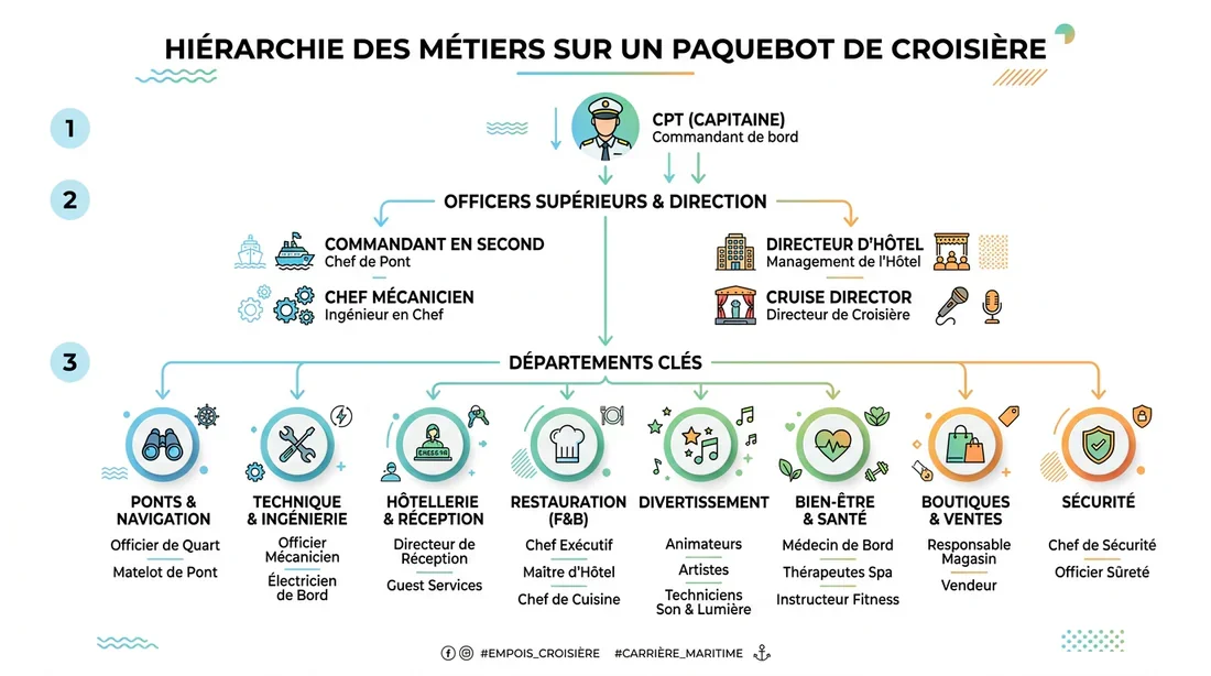 Hiérarchie des métiers sur un navire Schéma des différents postes et hiérarchie sur un paquebot de croisière.