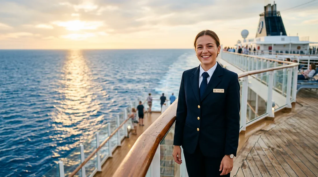 Travailler à bord d'un paquebot de croisière Un membre d'équipage souriant en uniforme sur le pont d'un paquebot de croisière.