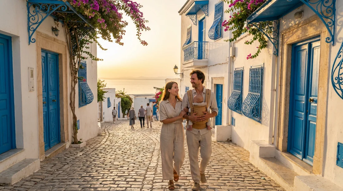 Famille heureuse avec un bébé dans les rues de Sidi Bou Saïd au coucher du soleil.