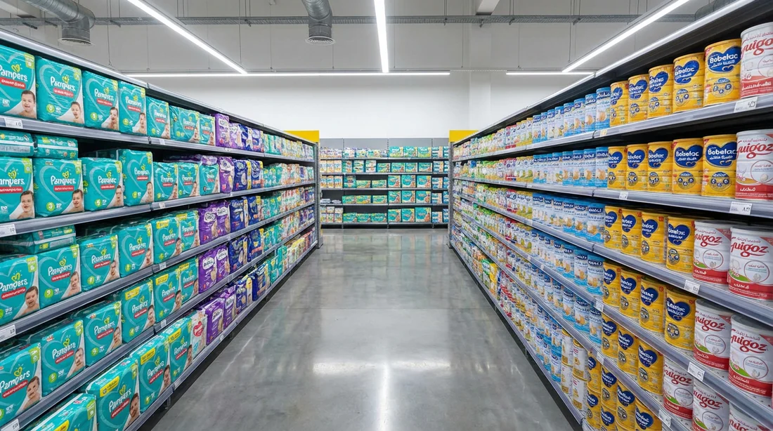 Rayon de supermarché en Tunisie avec couches et lait infantile.