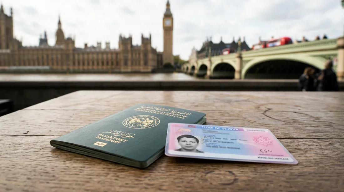 Passeport algérien et titre de séjour pour voyager à Londres Passeport algérien et carte de séjour française avec Big Ben en arrière-plan