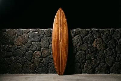 Planche de surf en bois de Koa sur fond neutre