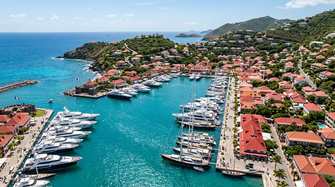 Vue aérienne du port de Gustavia à Saint-Barth avec yachts et toits rouges