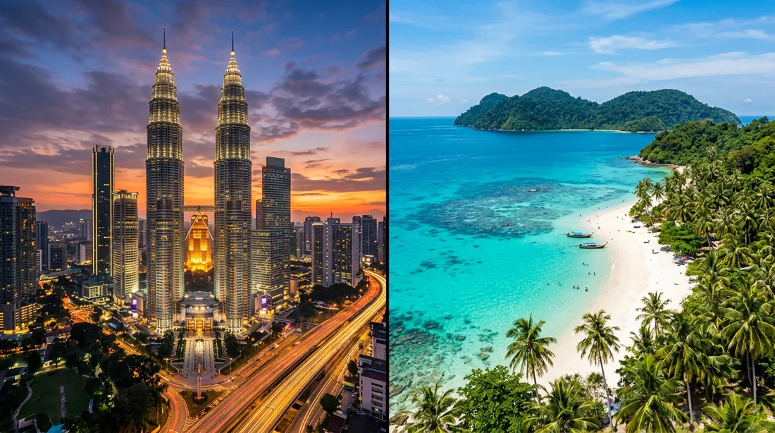 Malaisie : entre modernité urbaine et nature sauvage Vue scindée entre l'architecture moderne des tours Petronas et la beauté naturelle des plages des îles Perhentian en Malaisie