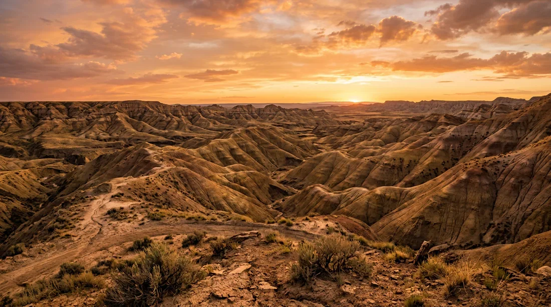 Collines de bentonite sous une lumière dorée de fin de journée