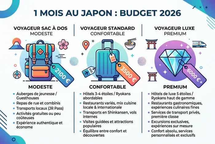 Budget Japon 1 mois : Prix 2026 - Quel budget pour 1 mois au Japon ? Guide 2026 - Combien coûte vraiment 1 mois au Japon en 2026 ? Infographie du budget pour un mois au Japon en 2026