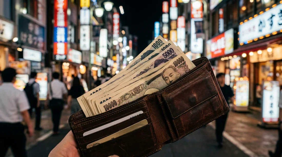 Portefeuille ouvert avec billets de Yens japonais devant les néons de Shinjuku
