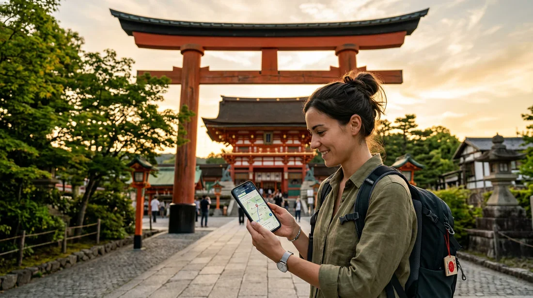 Voyageur préparant son itinéraire au Japon avec une application
