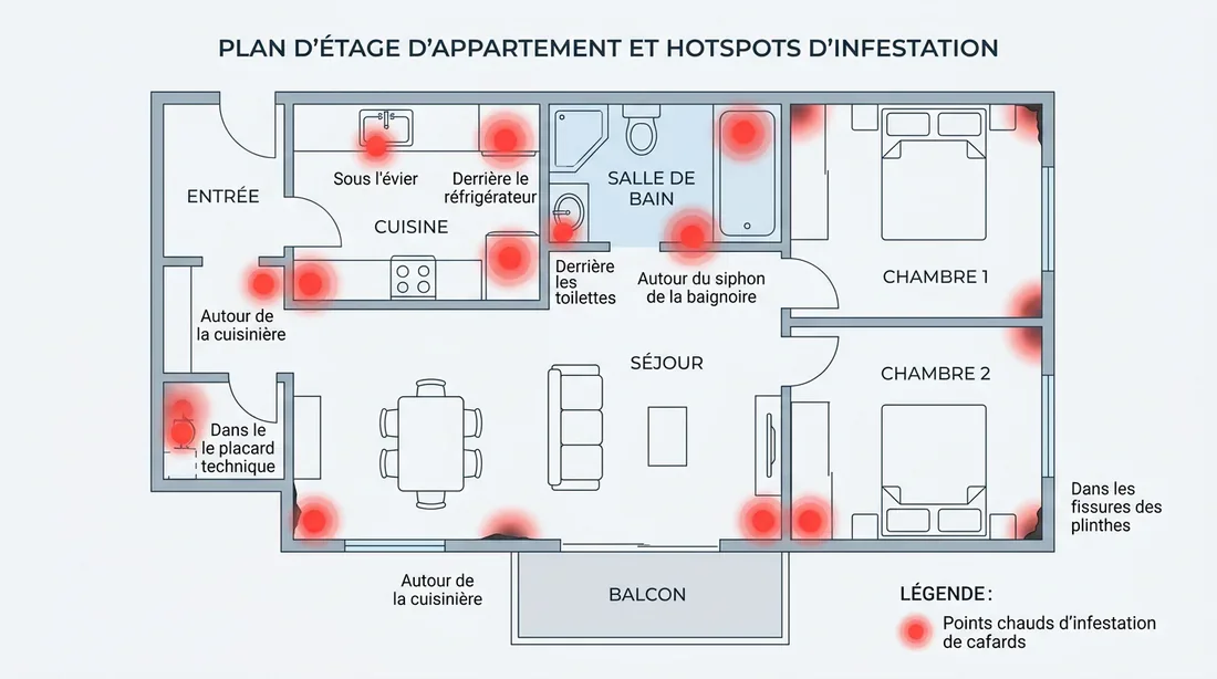 Plan de maison identifiant les zones d'infestation de blattes