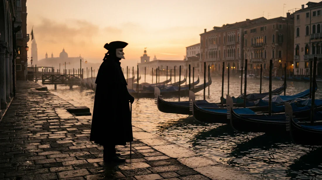 Lever de soleil sur Venise et costume traditionnel de Bauta Lever de soleil brumeux sur Venise avec une silhouette vêtue du costume traditionnel de la Bauta observant les gondoles.