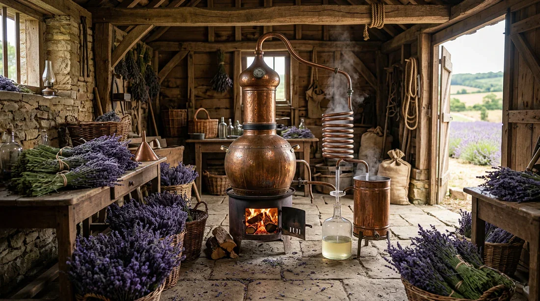Alambic en cuivre traditionnel pour la distillation de l'huile essentielle de lavande