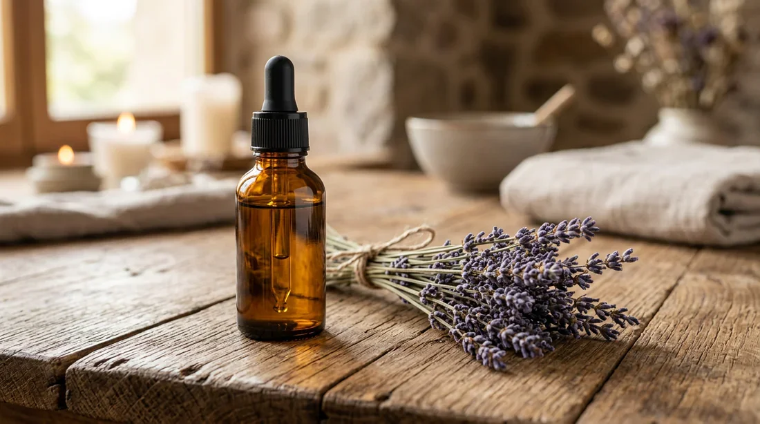 Flacon d'huile essentielle de lavande et fleurs séchées sur une table en bois