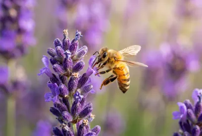 Gros plan macro sur une abeille butinant des brins de lavande violette