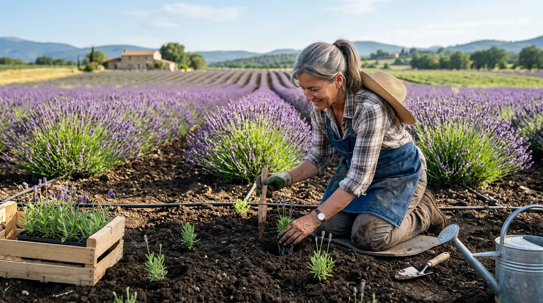Plantation de jeunes pousses de lavande dans un jardin ensoleillé