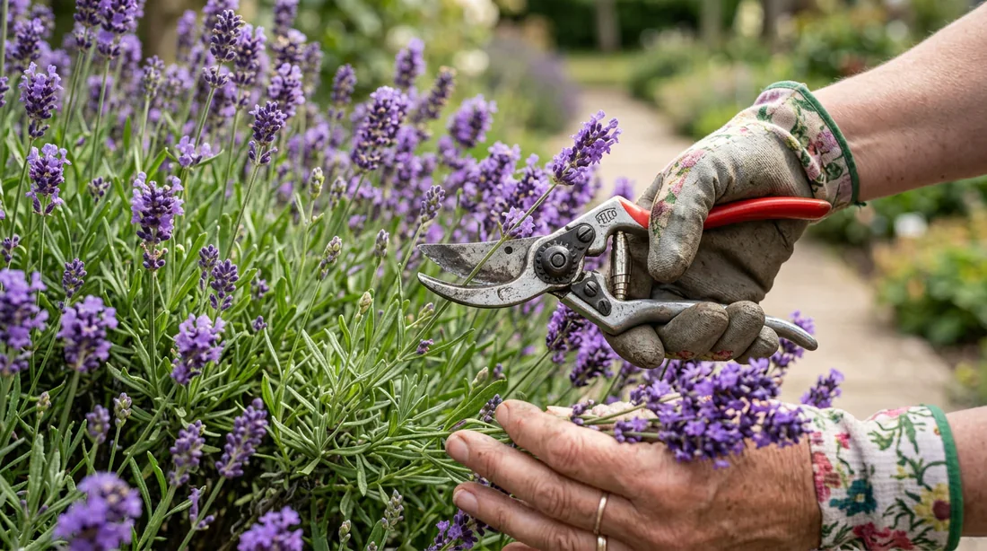 Taille d'entretien d'un buisson de lavande avec un sécateur