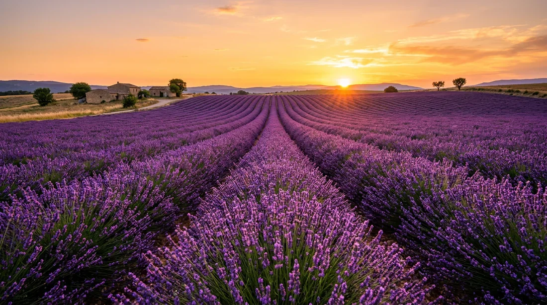 Vaste champ de lavande en Provence au coucher du soleil pendant la golden hour