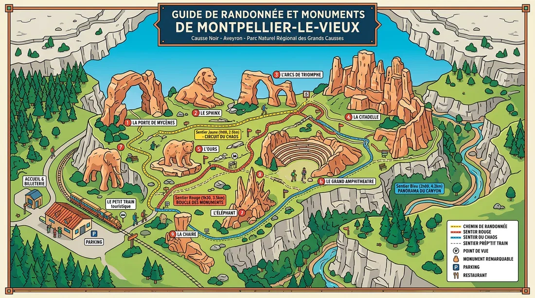 Infographie et carte des itinéraires de découverte de Montpellier-le-Vieux