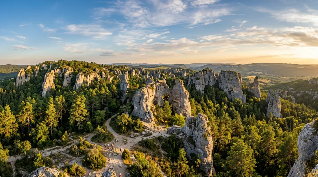 Vue panoramique du relief ruiniforme de Montpellier-le-Vieux et sa forêt de pins sous un ciel d'été