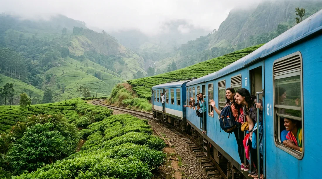 Le fameux train bleu sri lankais traversant les plantations de thé verdoyantes et brumeuses de Sri Lanka