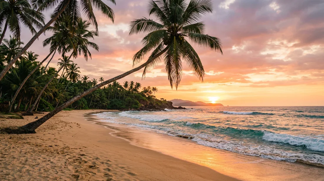 Plage tropicale de Mirissa bordée de palmiers au coucher du soleil