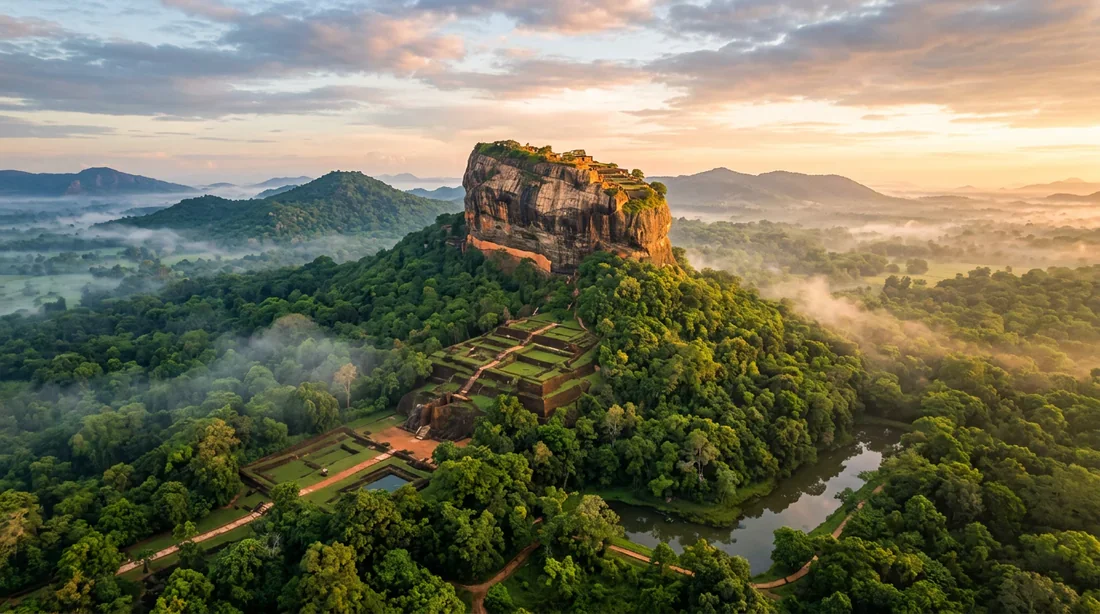 Vue panoramique du rocher de Sigiriya au lever du soleil au Sri Lanka