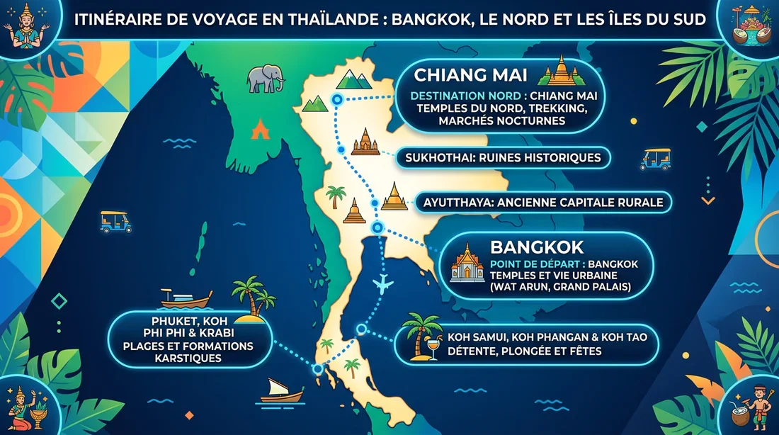 Infographie montrant l'itinéraire de voyage recommandé en Thaïlande