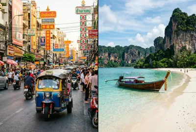 Miniature montrant un tuk-tuk à Bangkok d'un côté et une plage turquoise avec longtail boat de l'autre