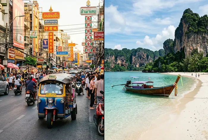 Miniature montrant un tuk-tuk à Bangkok d'un côté et une plage turquoise avec longtail boat de l'autre