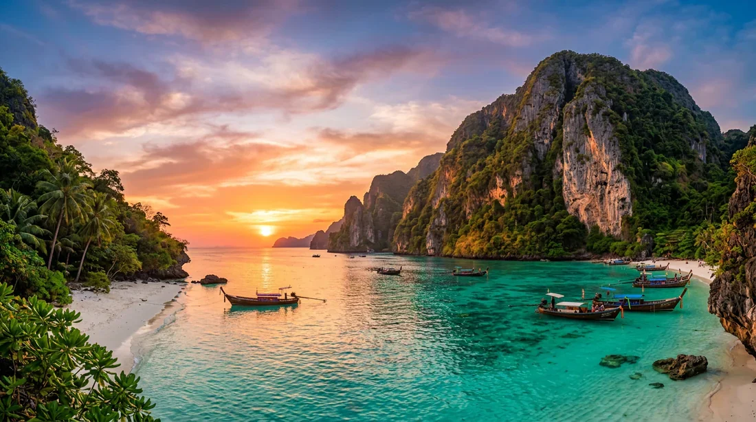 Paysage paradisiaque des falaises de calcaire et de la mer turquoise dans les îles du sud de la Thaïlande