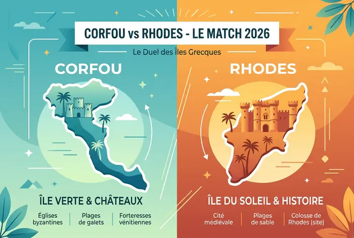 Corfou ou Rhodes : Lequel Choisir ? - Le Duel 2026 - Quel est le Meilleur Choix pour vos Vacances en Grèce ? Infographie Corfou contre Rhodes pour le choix de vacances 2026