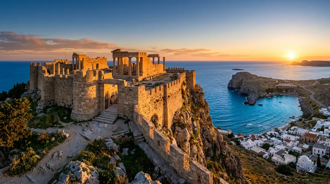 Les ruines antiques de l'Acropole de Lindos sous un soleil levant