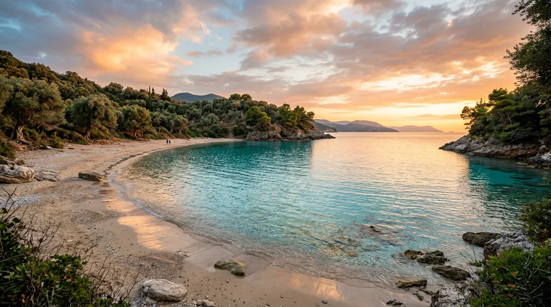 Plage paradisiaque aux eaux turquoise de Corfou entourée d'oliviers