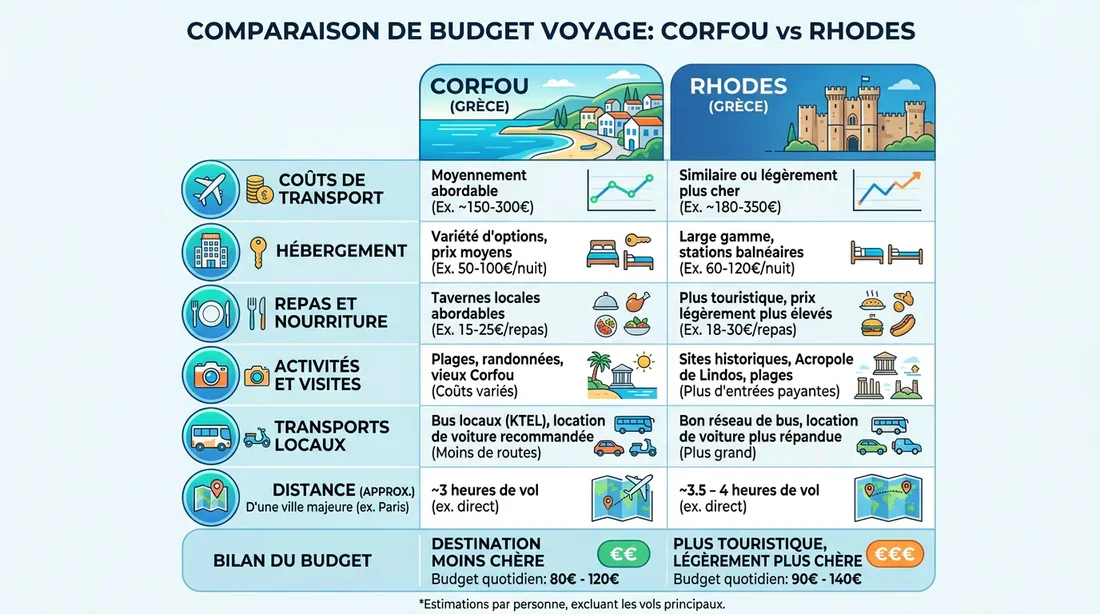 Tableau comparatif des coûts et activités entre Corfou et Rhodes