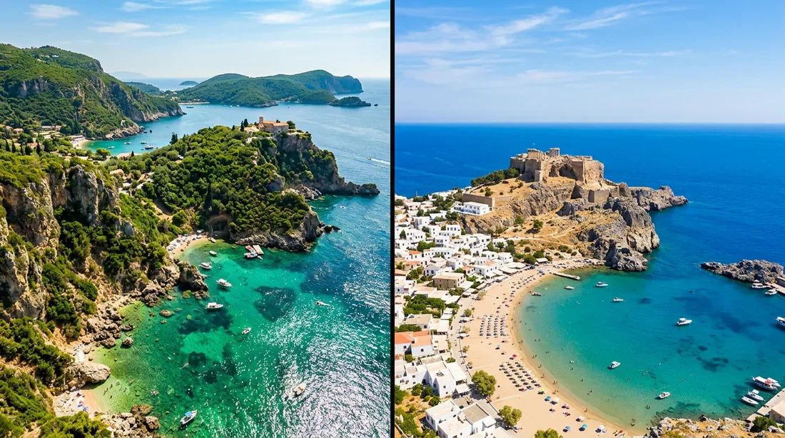 Vue scindée entre les paysages luxuriants de Corfou et la cité antique de Lindos à Rhodes