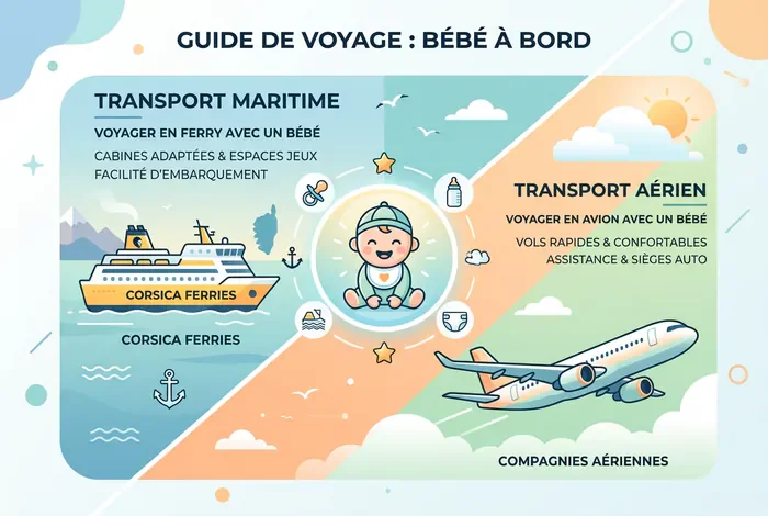 Corse avec bébé 2 ans : Guide - Corse avec bébé 2 ans : Le guide ultime 2026 - Partir en Corse avec un bébé : les conseils réussis Comparaison trajet ferry et avion pour un voyage en Corse avec bébé