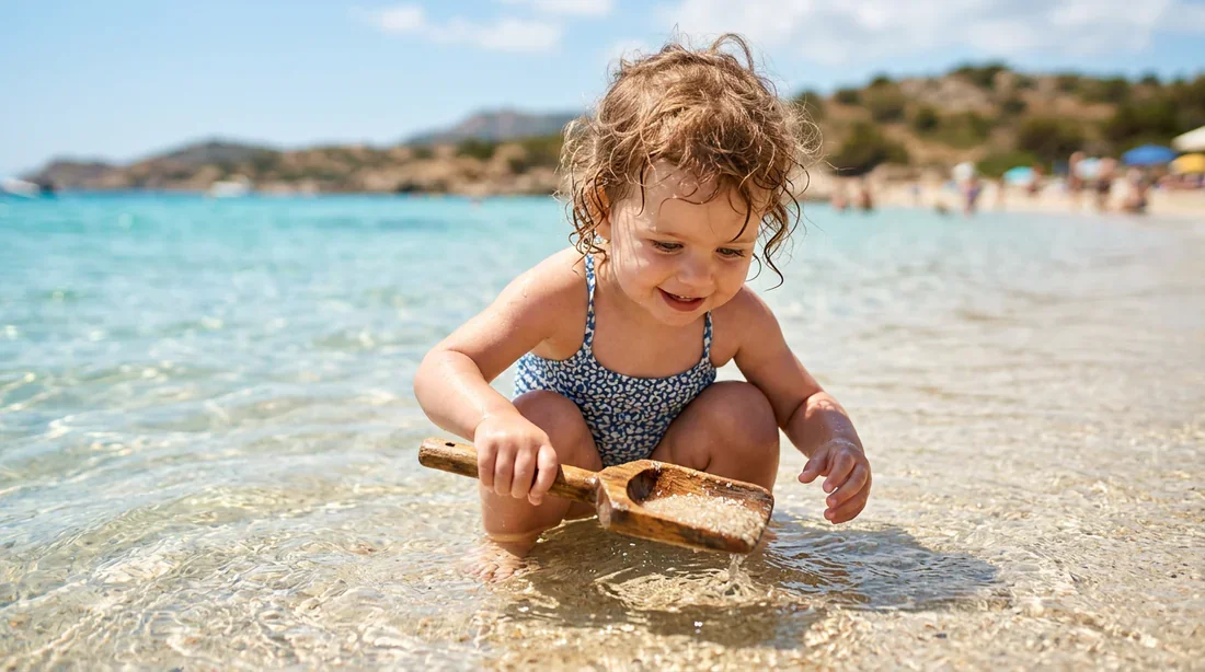 Enfant jouant dans l'eau cristalline d'une plage corse