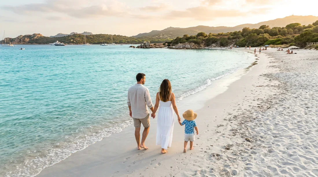 Famille marchant sur la plage de Santa Giulia en Corse avec un enfant