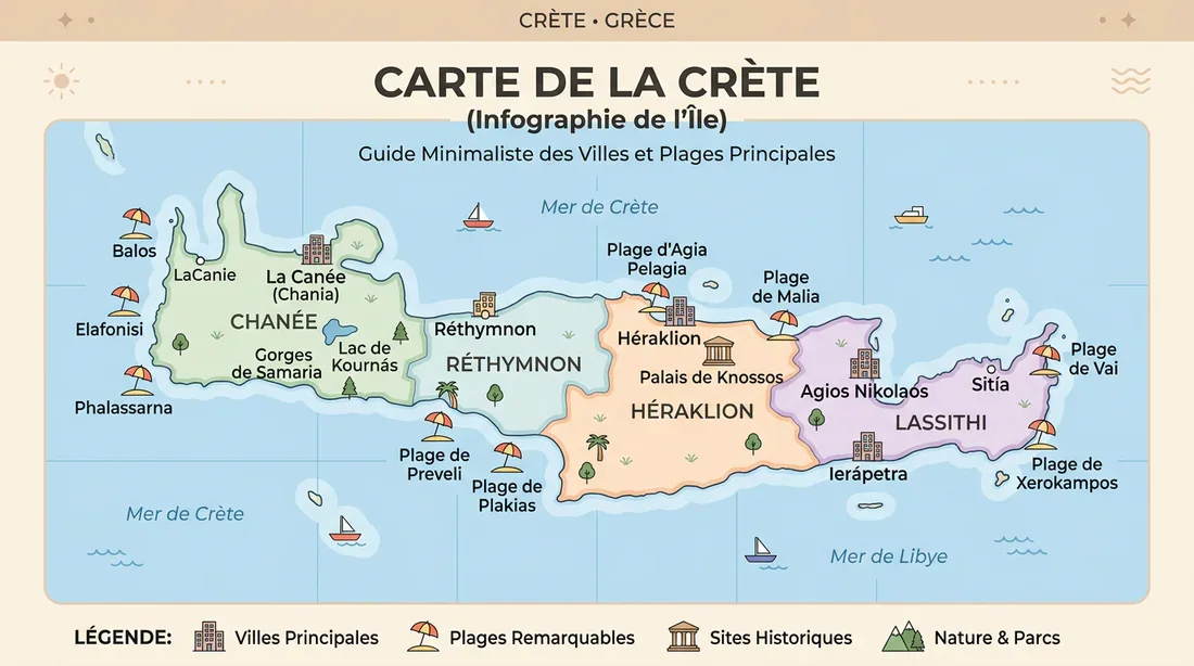 Carte touristique illustrée de la Crète