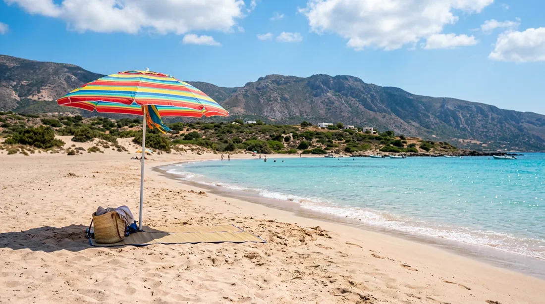 Plage paradisiaque en Crète avec parasol et mer turquoise