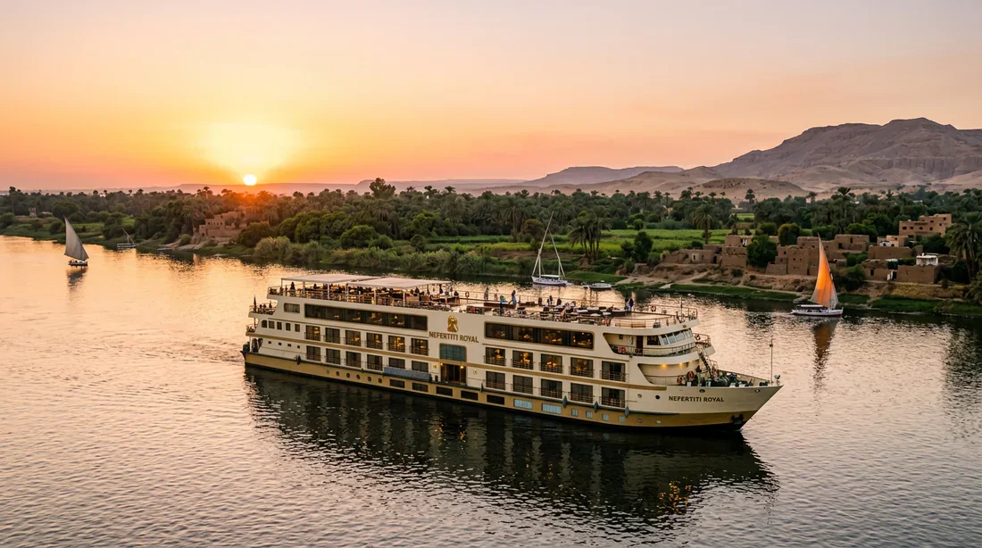 Bateau de croisière de luxe naviguant sur le Nil au coucher du soleil