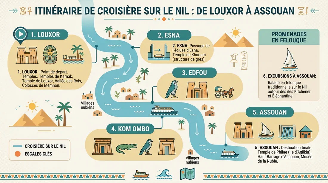 Carte des étapes d'une croisière sur le Nil