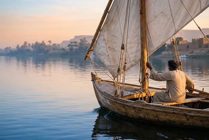 Croisière sur le Nil : Danger en 2026 ? - Croisière sur le Nil : Le guide vérité 2026 - Croisière sur le Nil est-ce dangereux ? La réponse Felouque traditionnelle naviguant sur le Nil au lever du soleil