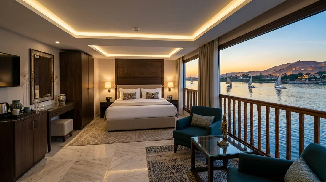 Intérieur d'une cabine de luxe sur un bateau de croisière sur le Nil
