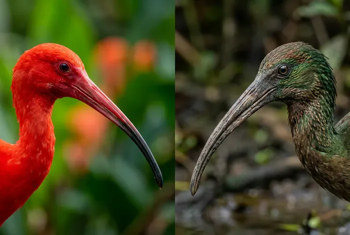 Différence entre Ibis rouge et vert : le guide complet - Ibis rouge vs Ibis vert : 5 différences clés à connaître - Comment différencier l'ibis rouge de l'ibis vert sur le terrain ? Gros plan sur les visages d'un Ibis rouge et d'un Ibis vert