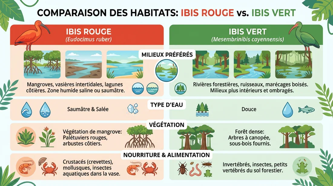 Infographie comparant les besoins en habitat de l'Ibis rouge et de l'Ibis vert