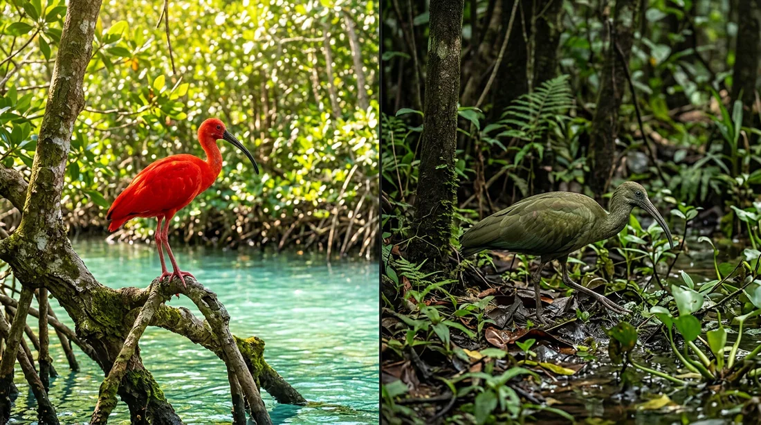 Montage comparatif d'un Ibis rouge dans la mangrove et d'un Ibis vert en forêt