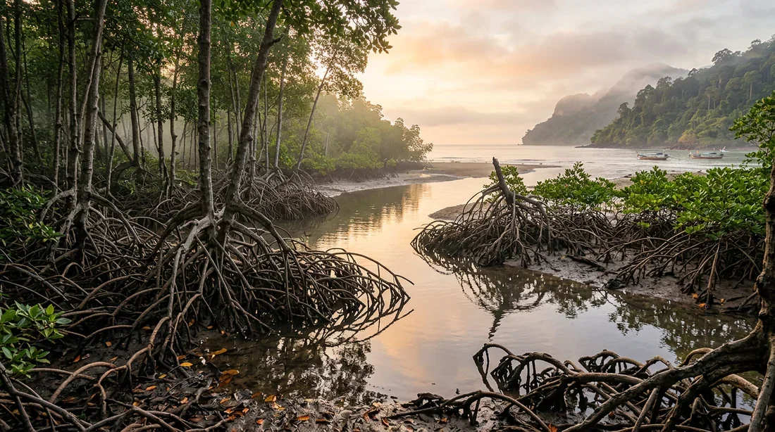 Paysage naturel de mangrove tropicale pour l'Ibis rouge