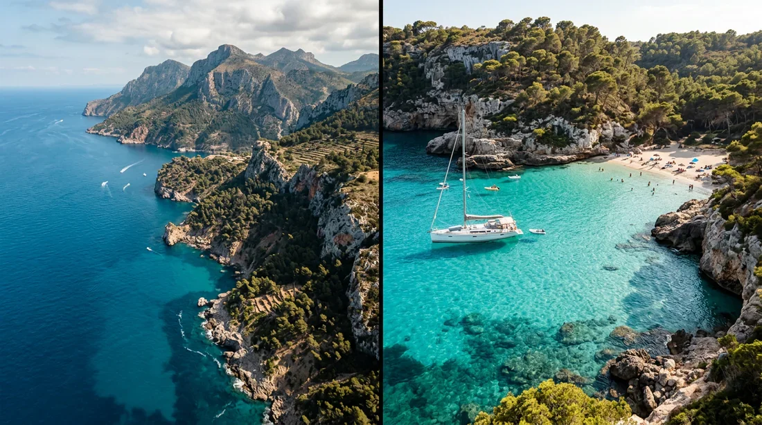 Comparaison entre les montagnes de la Serra de Tramuntana à Majorque et les eaux turquoise d'une crique à Minorque